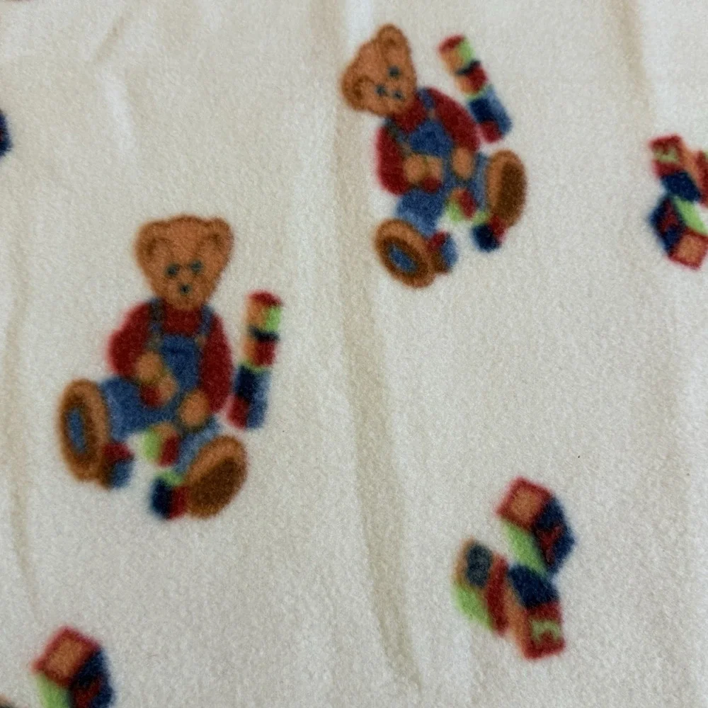 Spring Industries Vtg Blue Jean Teddy Bear Fleece Baby Blanket Blocks 29x40 Crib